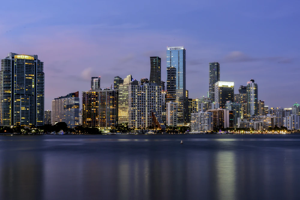 Miami waterfront skyline at night